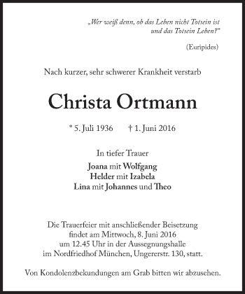 Traueranzeige von Christa Ortmann von Süddeutsche Zeitung