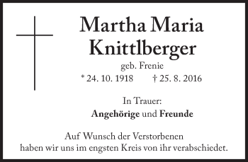 Traueranzeige von Martha Maria Knittlberger von Süddeutsche Zeitung
