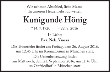 Traueranzeige von Kunigunde Hönig von Süddeutsche Zeitung