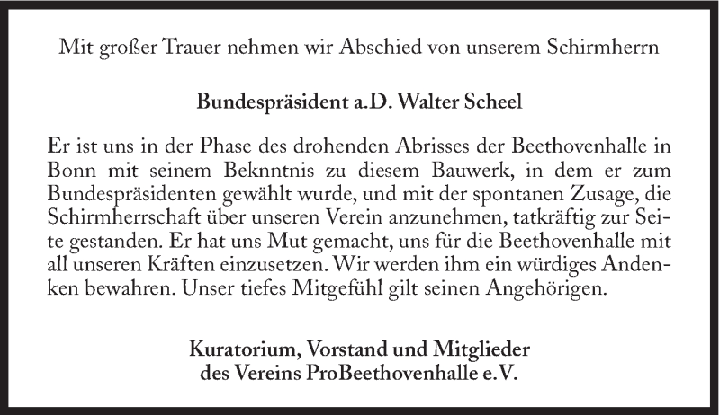  Traueranzeige für Walter Scheel vom 29.08.2016 aus Süddeutsche Zeitung