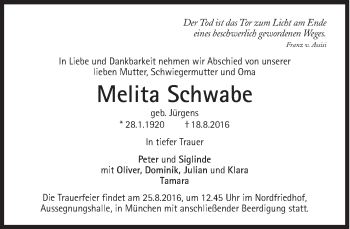 Traueranzeige von Melita Schwabe von Süddeutsche Zeitung