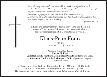 Traueranzeige von Klaus-Peter Frank von Süddeutsche Zeitung