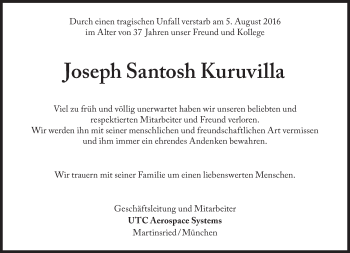 Traueranzeige von Joseph Santosh Kuruvilla von Süddeutsche Zeitung
