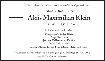 Traueranzeige von Alois Maximilian Klein von Süddeutsche Zeitung