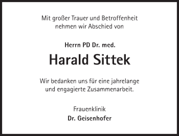 Traueranzeige von Harald Sittek von Süddeutsche Zeitung