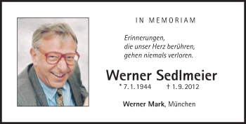 Traueranzeige von Werner Sedlmeier von Süddeutsche Zeitung