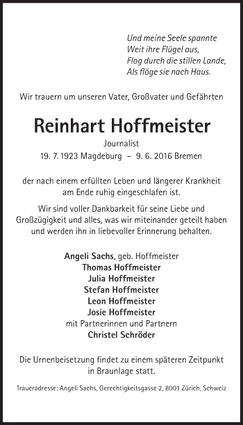 Traueranzeige von Reinhart Hoffmeister von Süddeutsche Zeitung