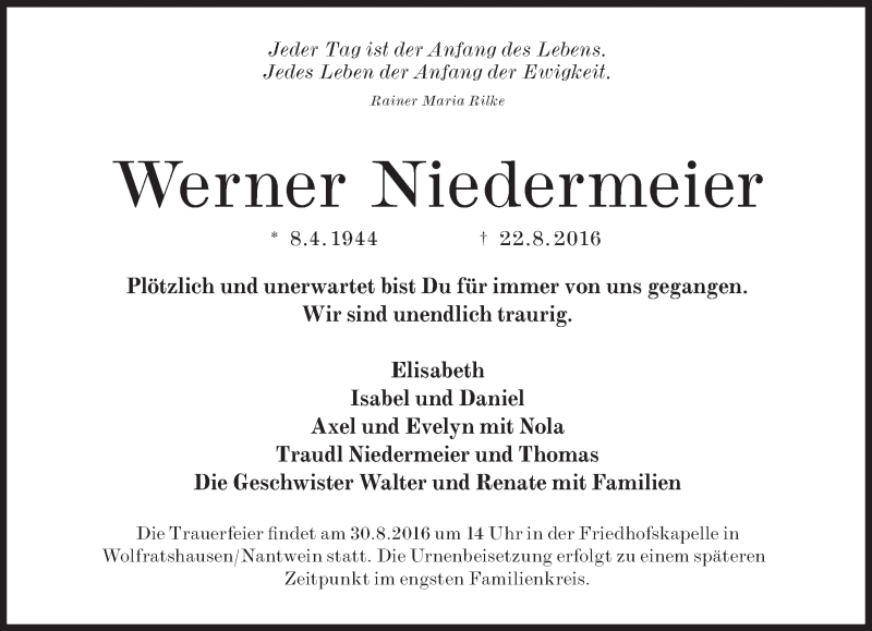  Traueranzeige für Werner Niedermeier vom 27.08.2016 aus Süddeutsche Zeitung