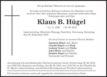 Traueranzeige von Klaus B. Hügel von Süddeutsche Zeitung