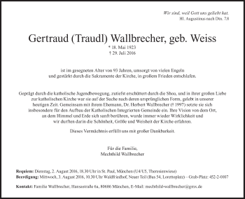 Traueranzeige von Gertraud Wallbrecher von Süddeutsche Zeitung