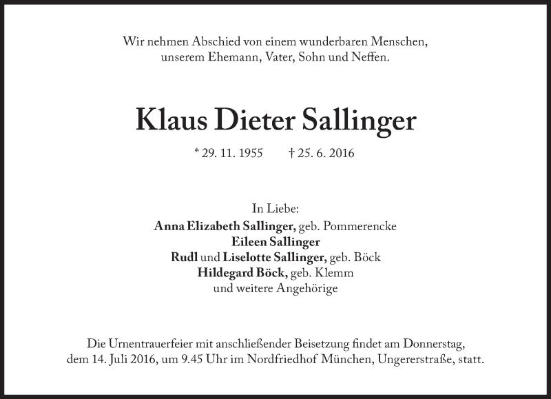  Traueranzeige für Klaus Dieter Sallinger vom 09.07.2016 aus Süddeutsche Zeitung