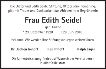 Traueranzeige von Edith Seidel von Süddeutsche Zeitung