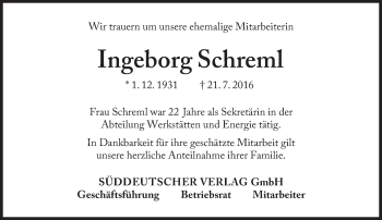 Traueranzeige von Ingeborg Schreml von Süddeutsche Zeitung