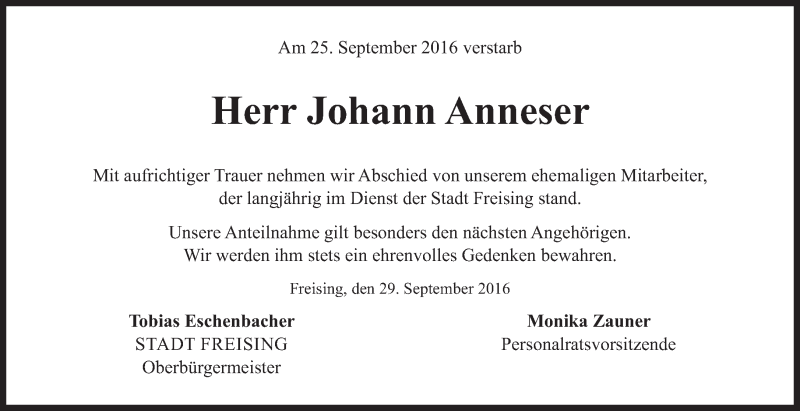  Traueranzeige für Johann Anneser vom 30.09.2016 aus Süddeutsche Zeitung