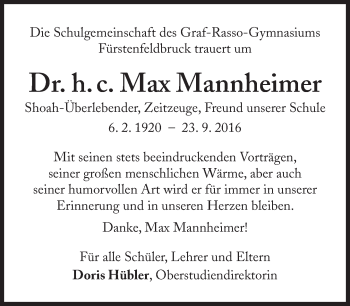 Traueranzeige von Max Mannheimer von Süddeutsche Zeitung