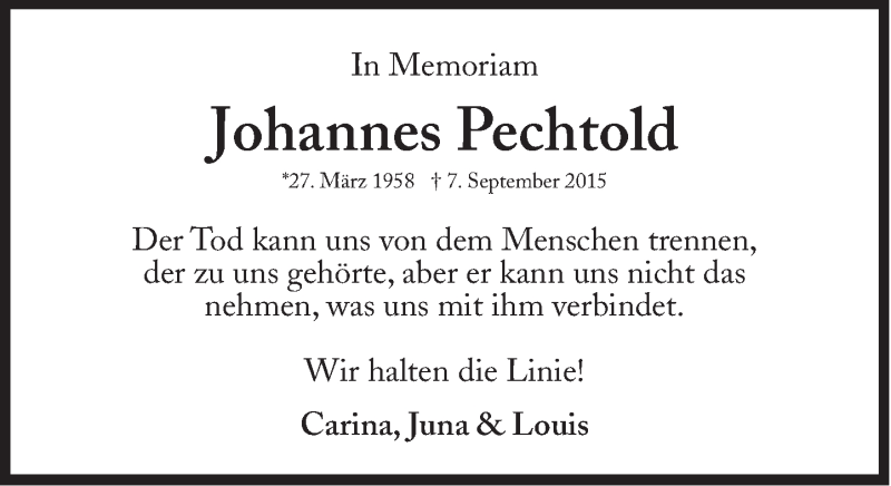  Traueranzeige für Johannes Pechtold vom 07.09.2016 aus Süddeutsche Zeitung
