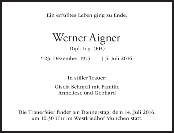 Traueranzeige von Werner Aigner von Süddeutsche Zeitung