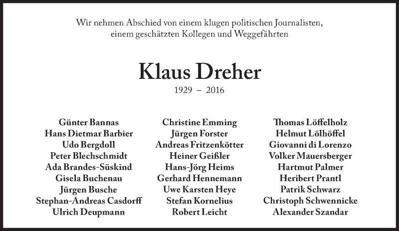  Traueranzeige für Klaus Dreher vom 27.07.2016 aus Süddeutsche Zeitung