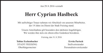 Traueranzeige von Cyprian Haslbeck von Süddeutsche Zeitung