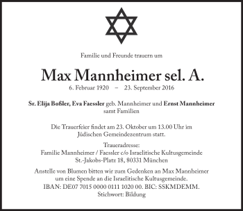 Traueranzeige von Max Mannheimer von Süddeutsche Zeitung