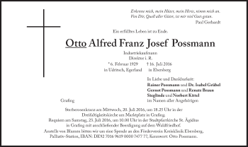 Traueranzeige von Otto Alfred Franz Josef Possmann  von Süddeutsche Zeitung