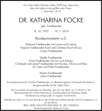 Traueranzeige von Katharina Focke von Süddeutsche Zeitung