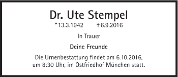 Traueranzeige von Ute Stempel von Süddeutsche Zeitung