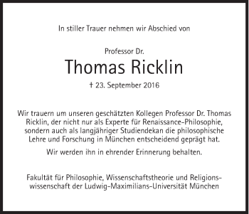 Traueranzeige von Thomas Ricklin von Süddeutsche Zeitung