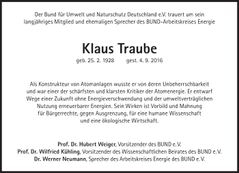 Traueranzeige von Klaus Traube von Süddeutsche Zeitung