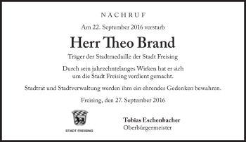 Traueranzeige von Theo Brand von Süddeutsche Zeitung