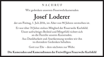 Traueranzeige von Josef Loderer von Süddeutsche Zeitung