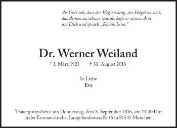 Traueranzeige von Werner Weiland von Süddeutsche Zeitung