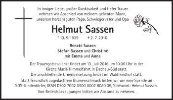 Traueranzeige von Helmut Sassen von Süddeutsche Zeitung