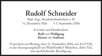 Traueranzeige von Rudolf Schneider von Süddeutsche Zeitung