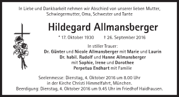 Traueranzeige von Hildegard Allmansberger von Süddeutsche Zeitung