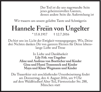 Traueranzeige von Hannele Freiin von Ungelter von Süddeutsche Zeitung