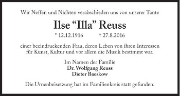 Traueranzeige von Ilse Illa Reuss von Süddeutsche Zeitung