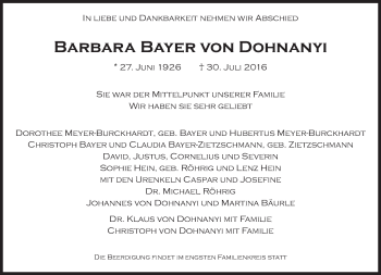Traueranzeige von Barbara Bayer von Dohnanyi  von Süddeutsche Zeitung