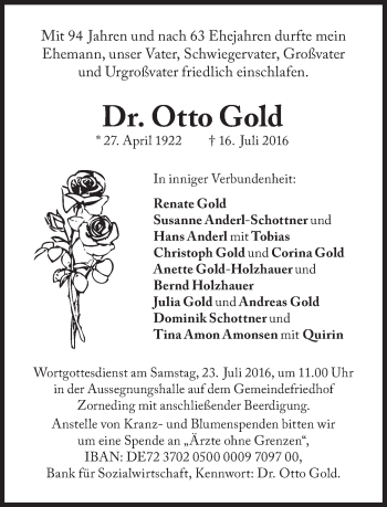 Traueranzeige von Otto Gold von Süddeutsche Zeitung