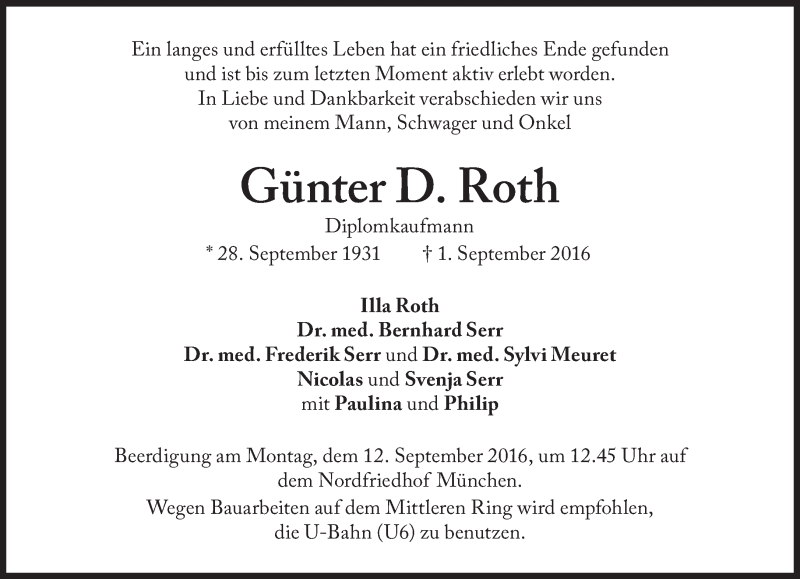  Traueranzeige für Günter D. Roth  vom 07.09.2016 aus Süddeutsche Zeitung