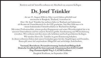 Traueranzeige von Josef Tränkler von Süddeutsche Zeitung