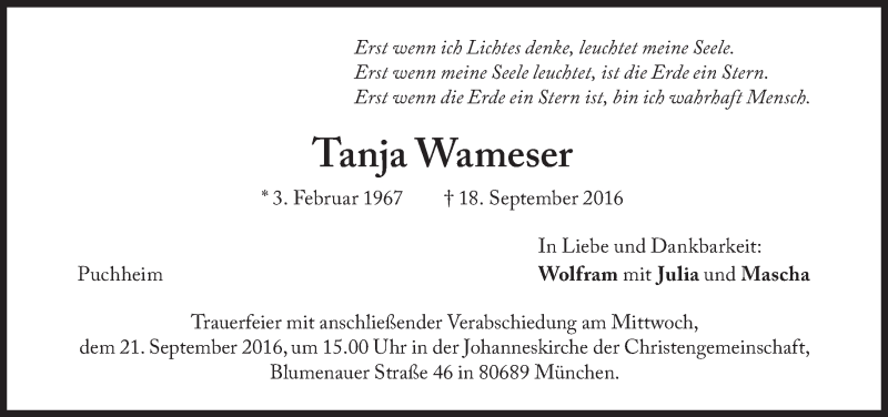  Traueranzeige für Tanja Wameser vom 20.09.2016 aus Süddeutsche Zeitung