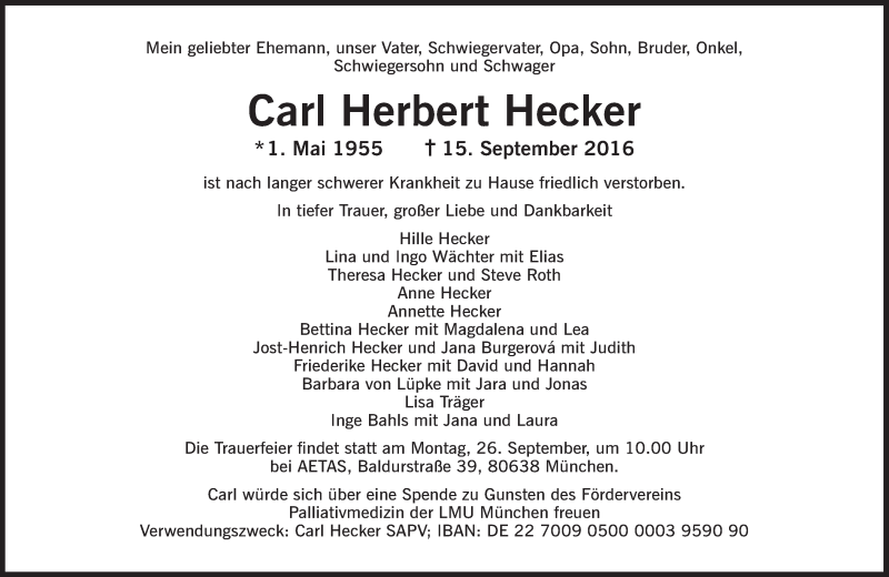  Traueranzeige für Carl Herbert Hecker vom 17.09.2016 aus Süddeutsche Zeitung