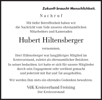 Traueranzeige von Hubert Hiltensberger von Süddeutsche Zeitung