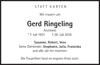 Traueranzeige von Gerd Ringeling von Süddeutsche Zeitung