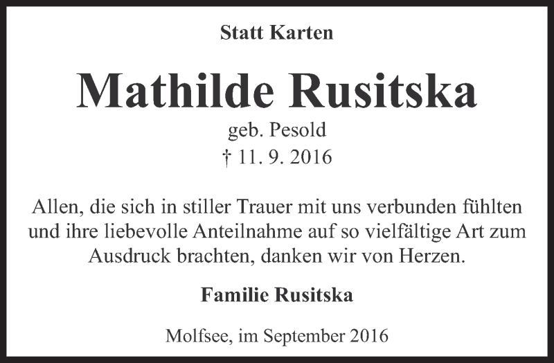  Traueranzeige für Mathilde Rusitska vom 01.10.2016 aus Süddeutsche Zeitung