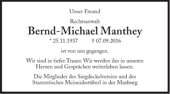 Traueranzeige von Bernd-Michael Manthey von Süddeutsche Zeitung