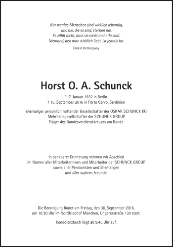 Traueranzeige von Horst O.A. Schunck von Süddeutsche Zeitung