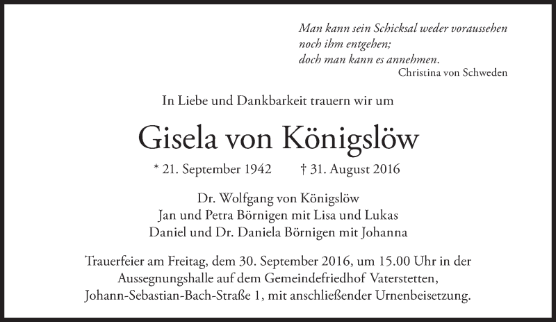  Traueranzeige für Gisela von Königslöw vom 24.09.2016 aus Süddeutsche Zeitung