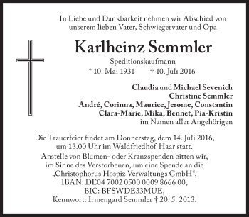 Traueranzeige von Karlheinz Semmler von Süddeutsche Zeitung